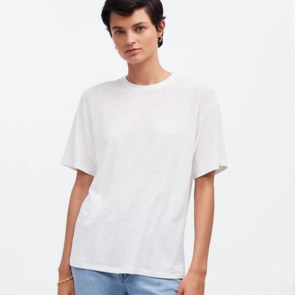 Madewell Linen-Blend Crewneck Oversized Tee in Eyelet White  NWT - Picture 1 of 11